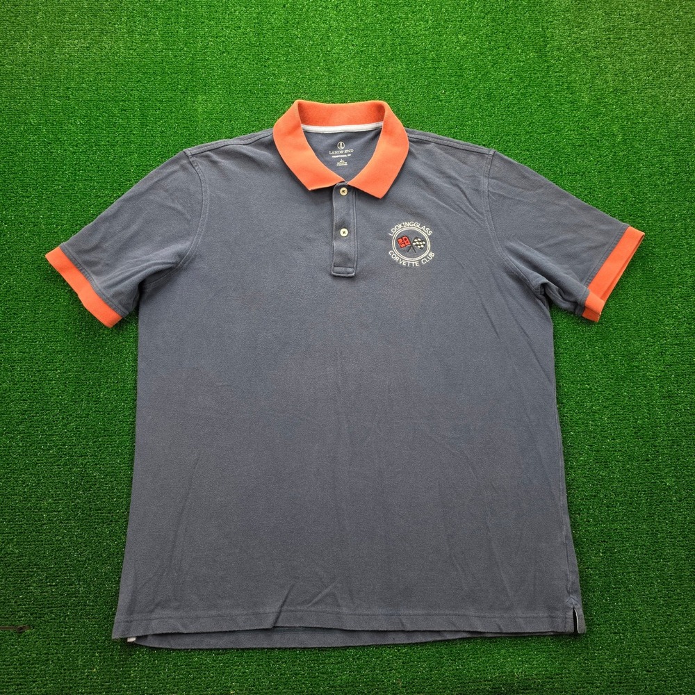 Lands End Looking Glass Corvette Club Pique Polo Shirt Mens Large Blue Cotton